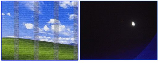 Рис. 1. Артефакты на видеокарте (слева), битый пиксель (справа).